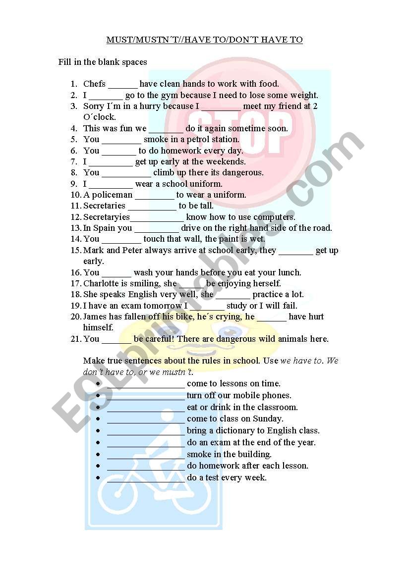 MUST OR HAVE TO - ESL worksheet by felizapenas