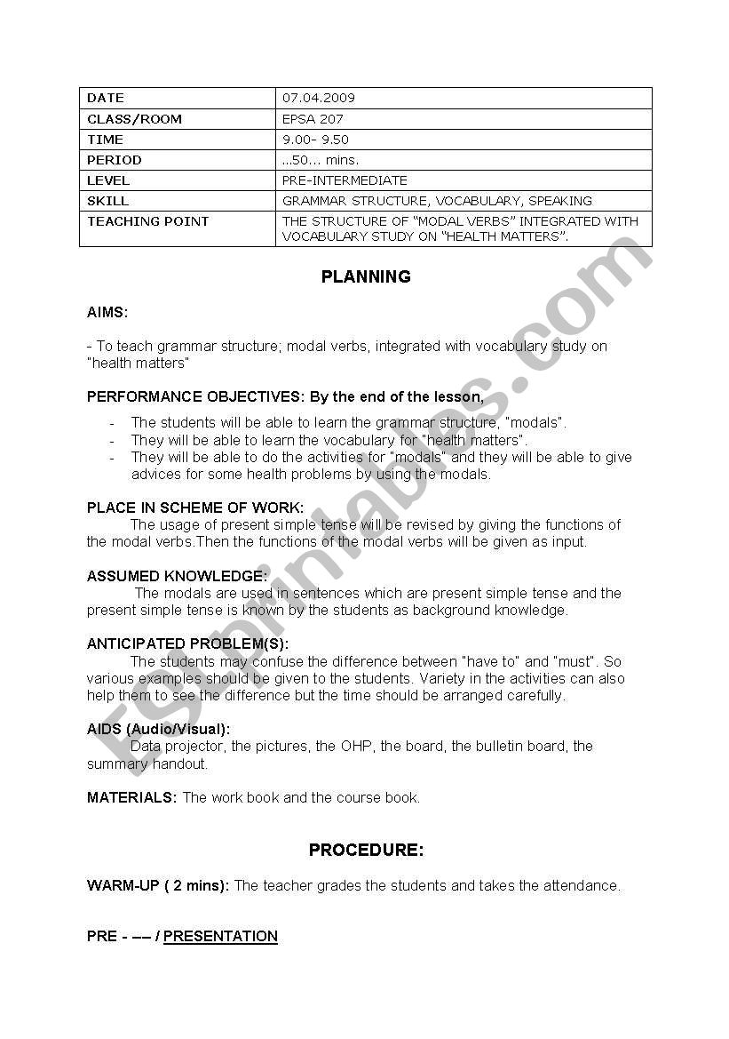 MODALS worksheet