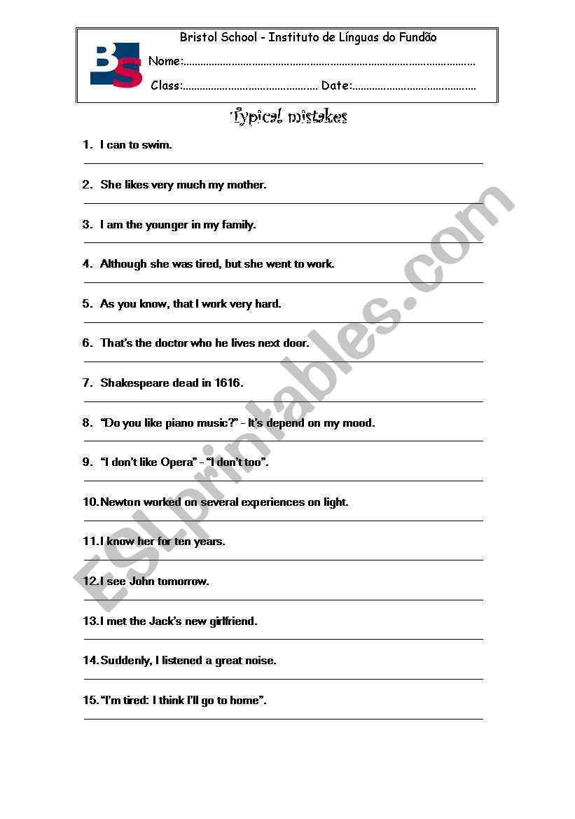 typical mistakes worksheet