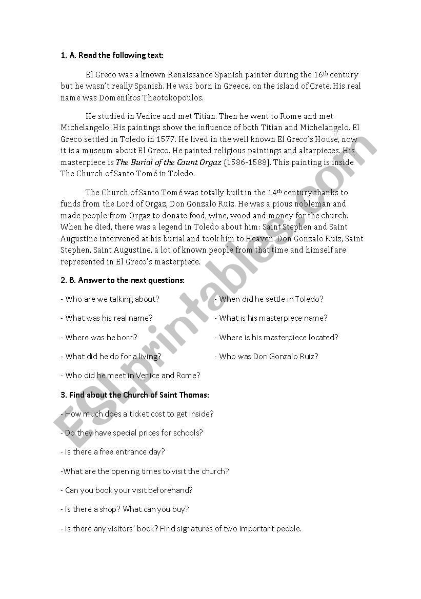 El Greco and Saint Tom worksheet