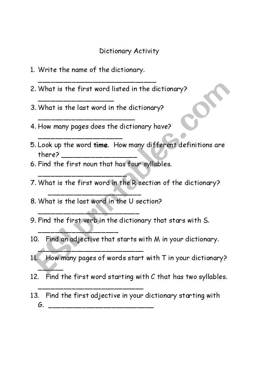 Dictionary Skills worksheet