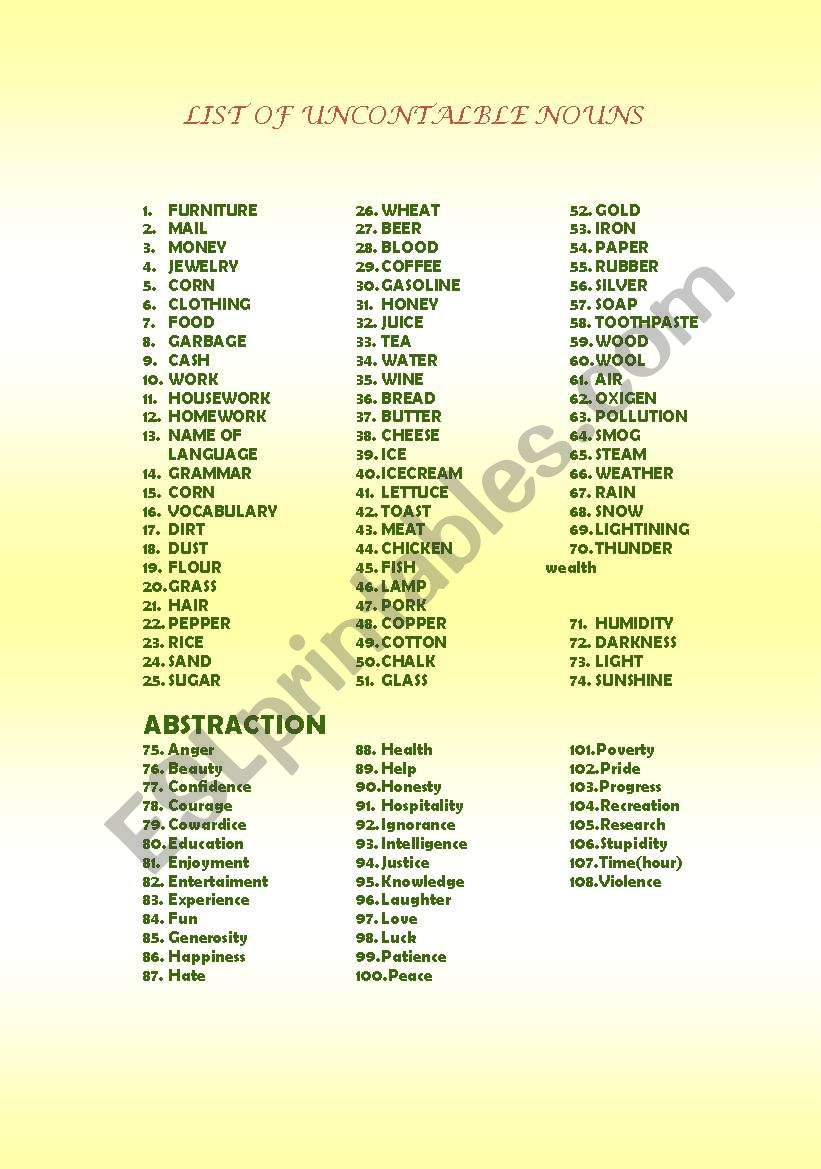 list of noncount nouns worksheet