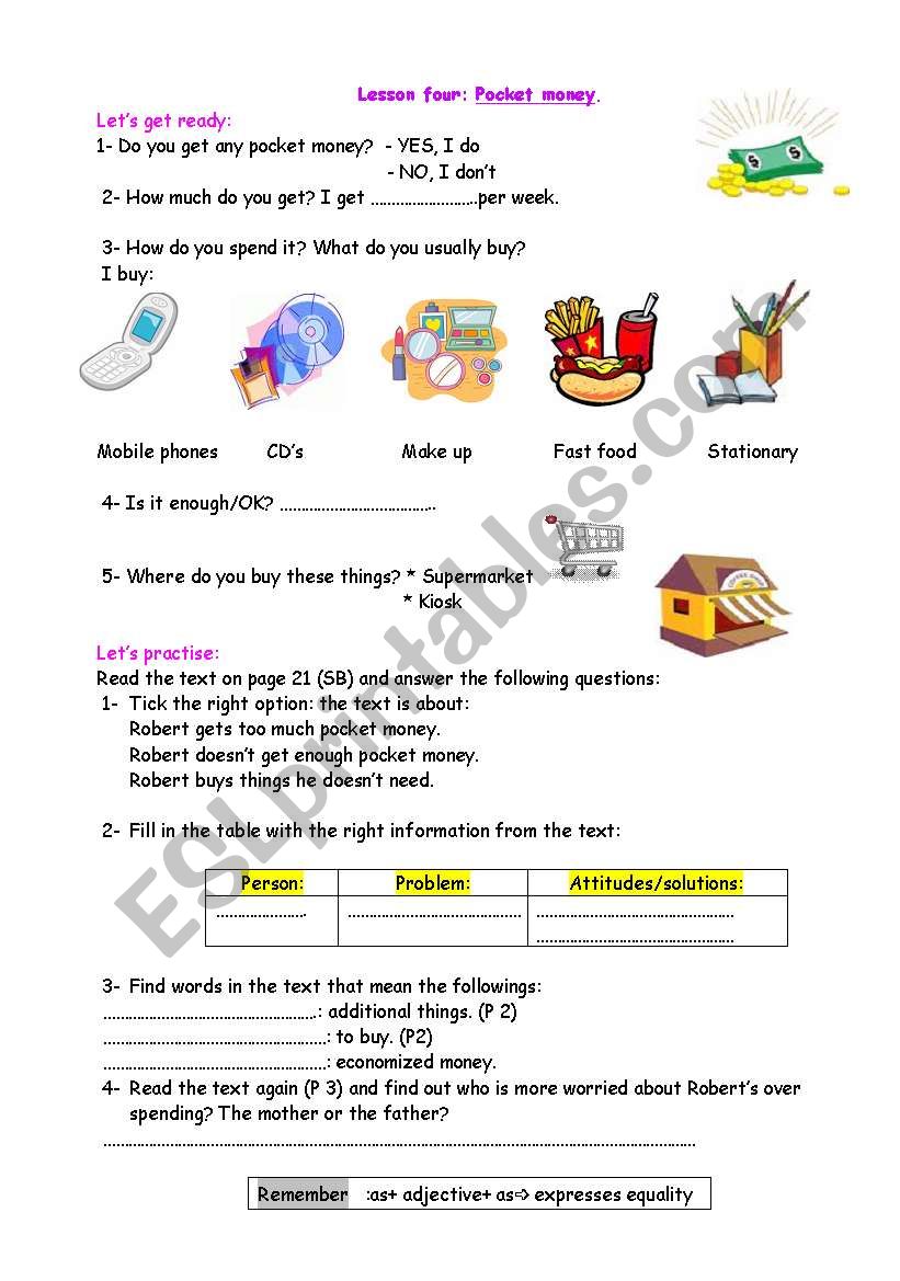 pocket money worksheet