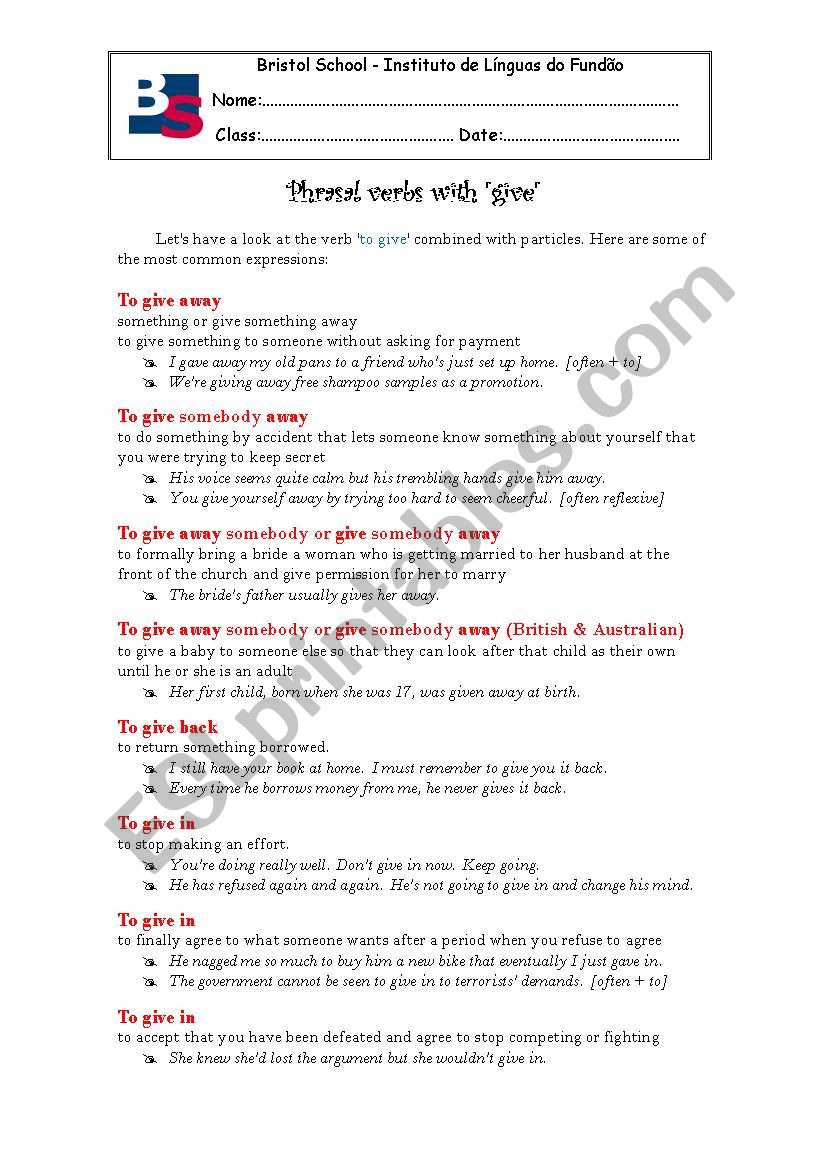 phrasal verbs with give worksheet