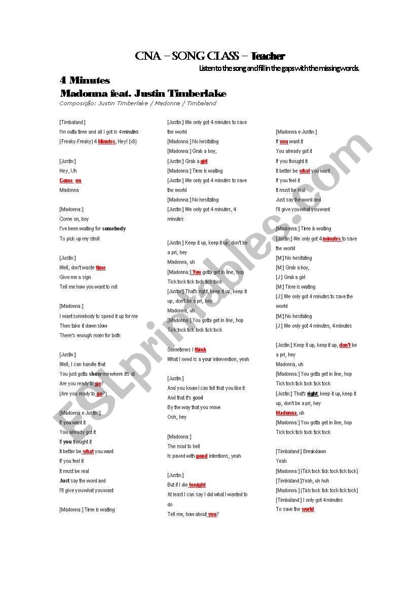 4 Minutes - Madonna  worksheet