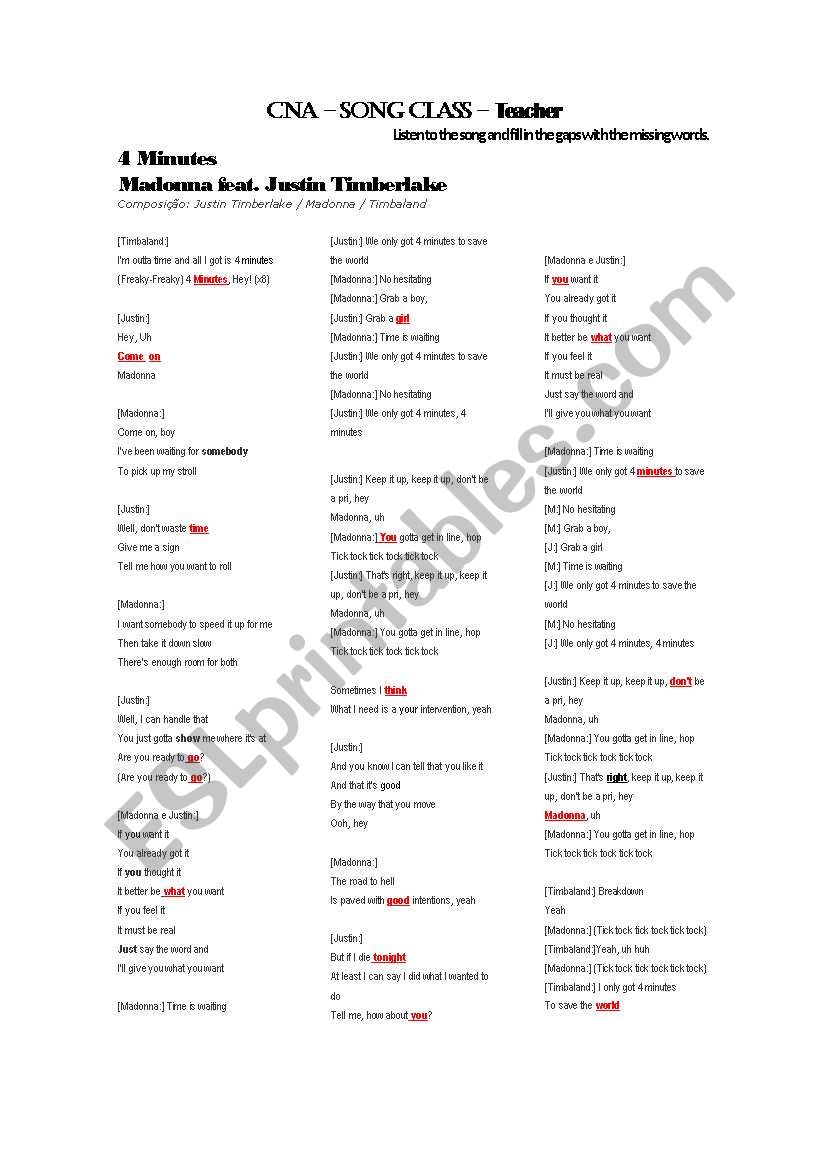 4 Minutes - Madonna  worksheet