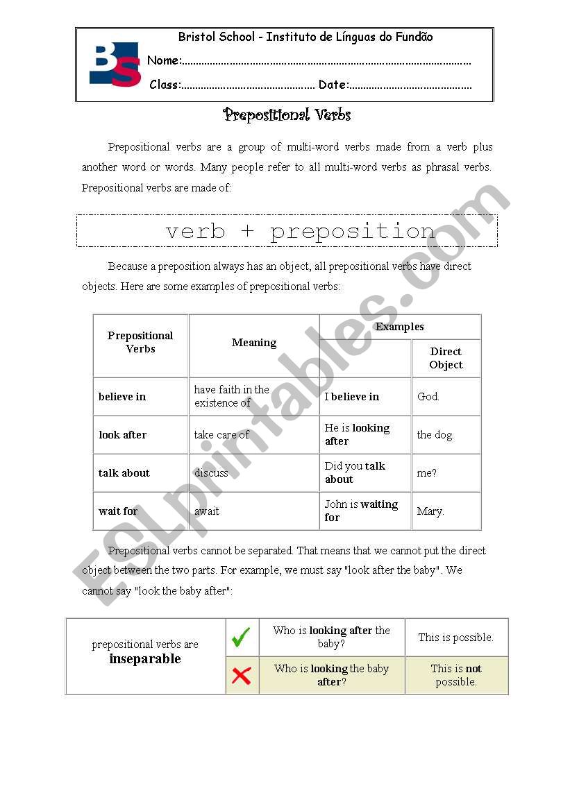 prepositional verbs worksheet