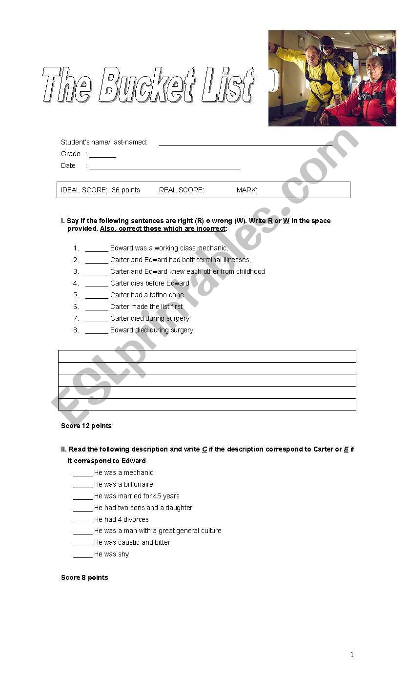 The Bucket List Evaluation worksheet