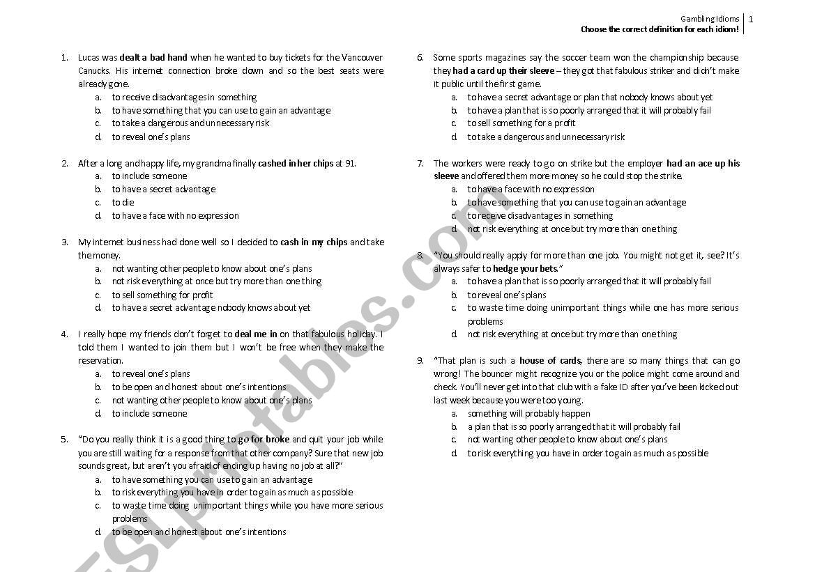 Gambling Idioms_Multiple Choice