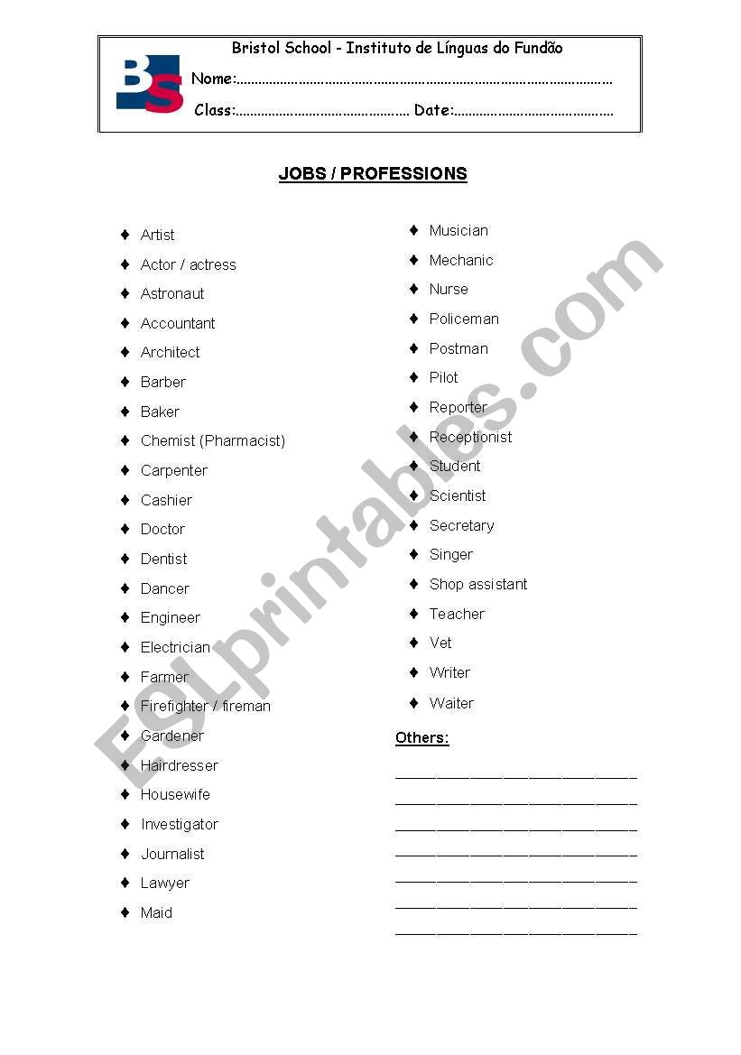 jobs  worksheet