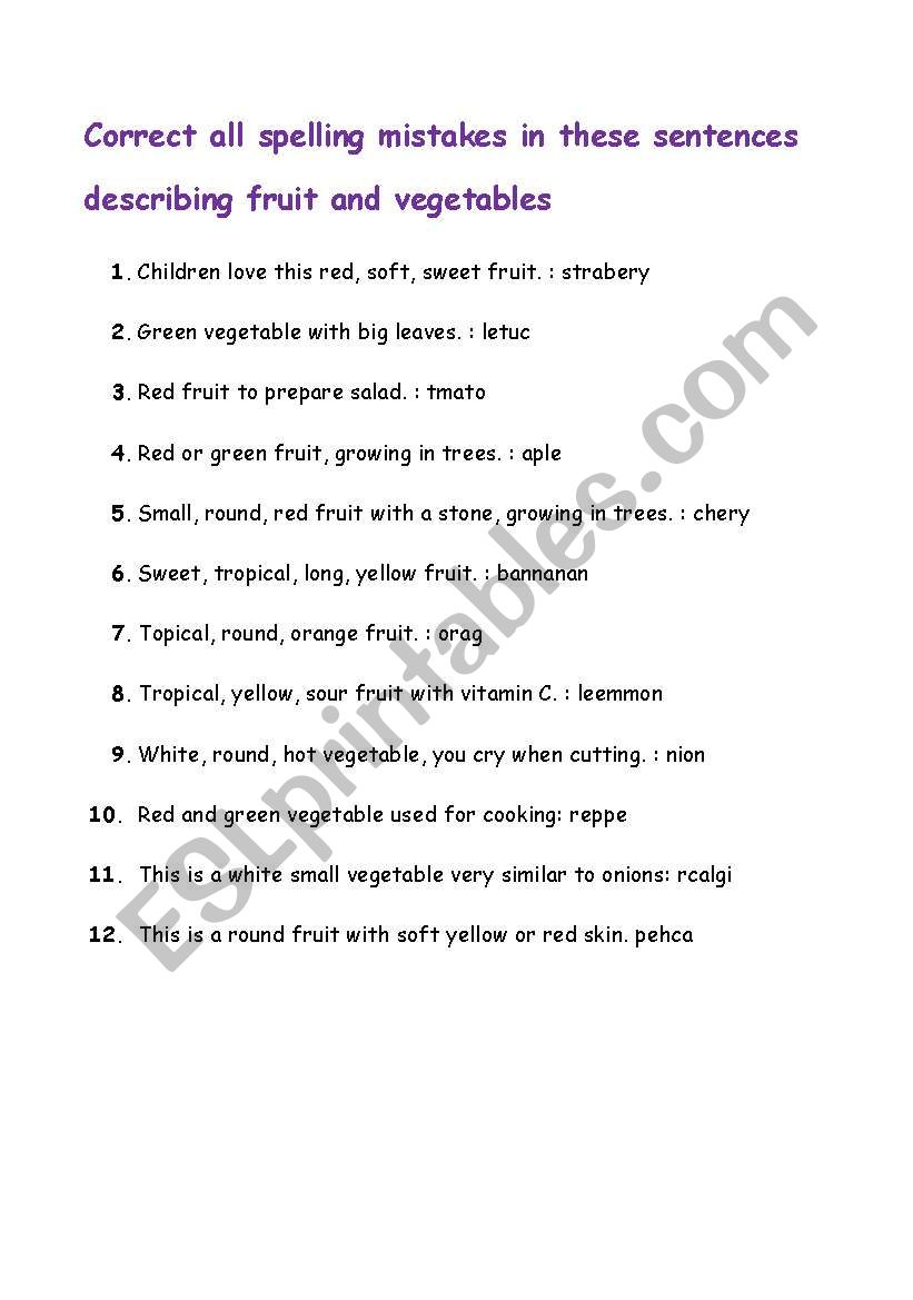 fruits and vegetables  worksheet