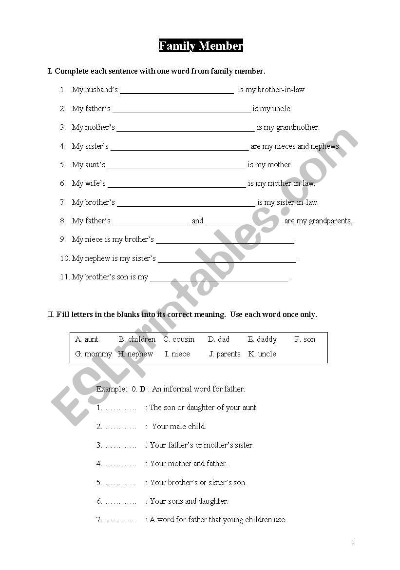 family member worksheet