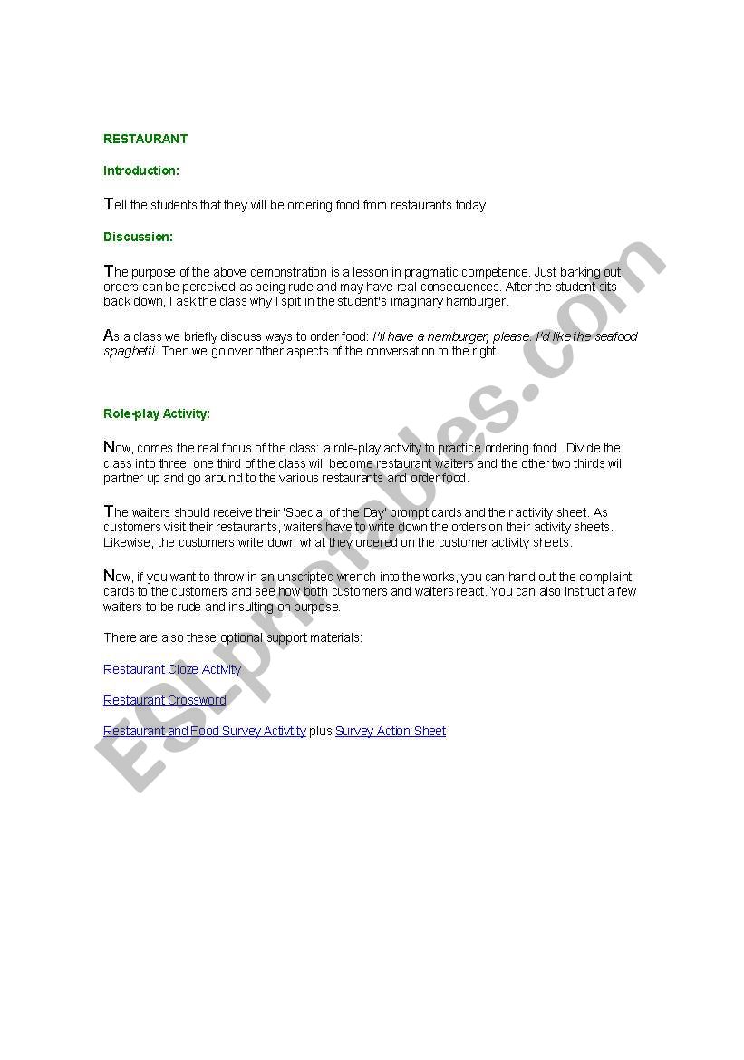 restaurant worksheet