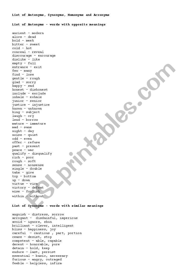 List of antonyms, synonyms and homonyms