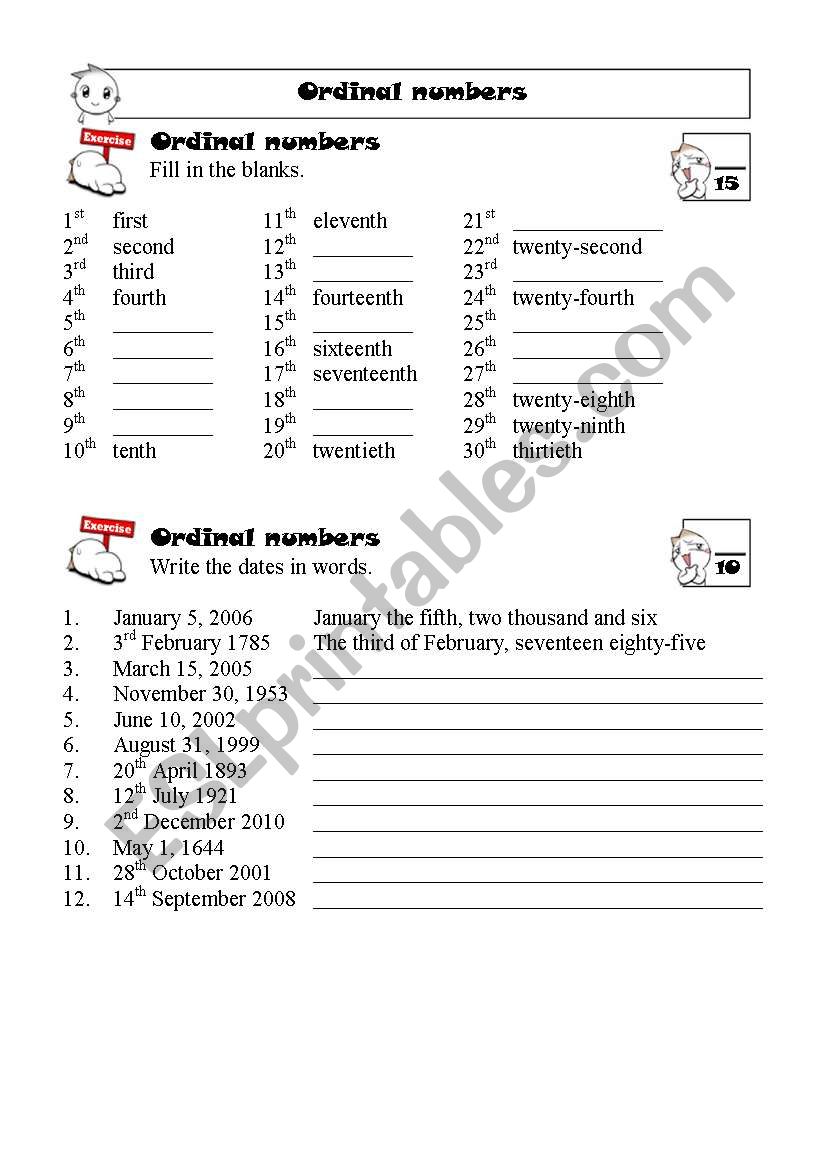 Ordinal numbers worksheet