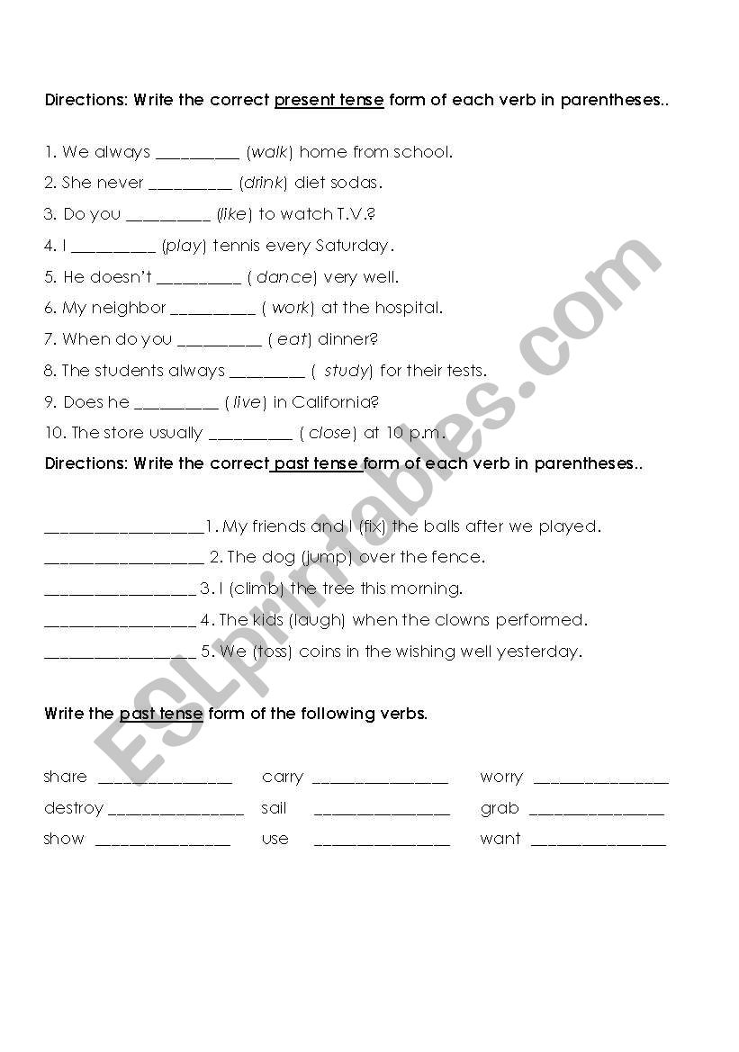 tenses of verbs worksheet