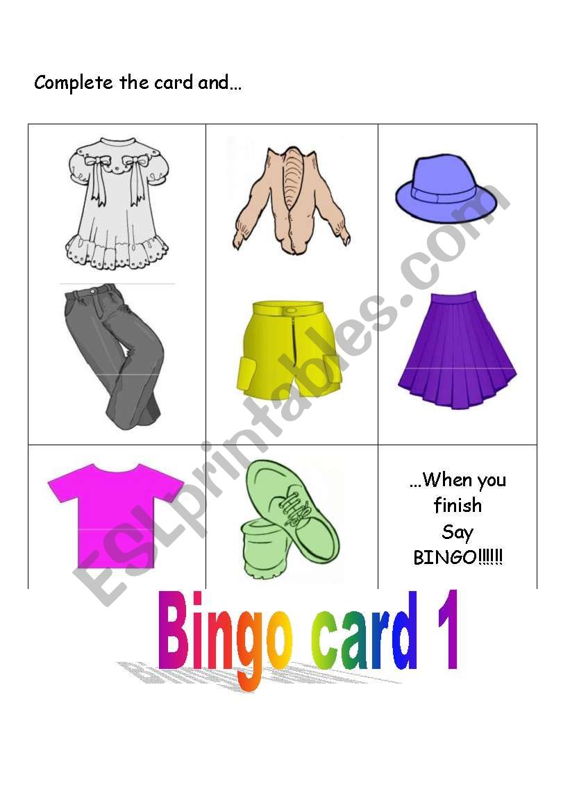 Bingo card for ESL worksheet