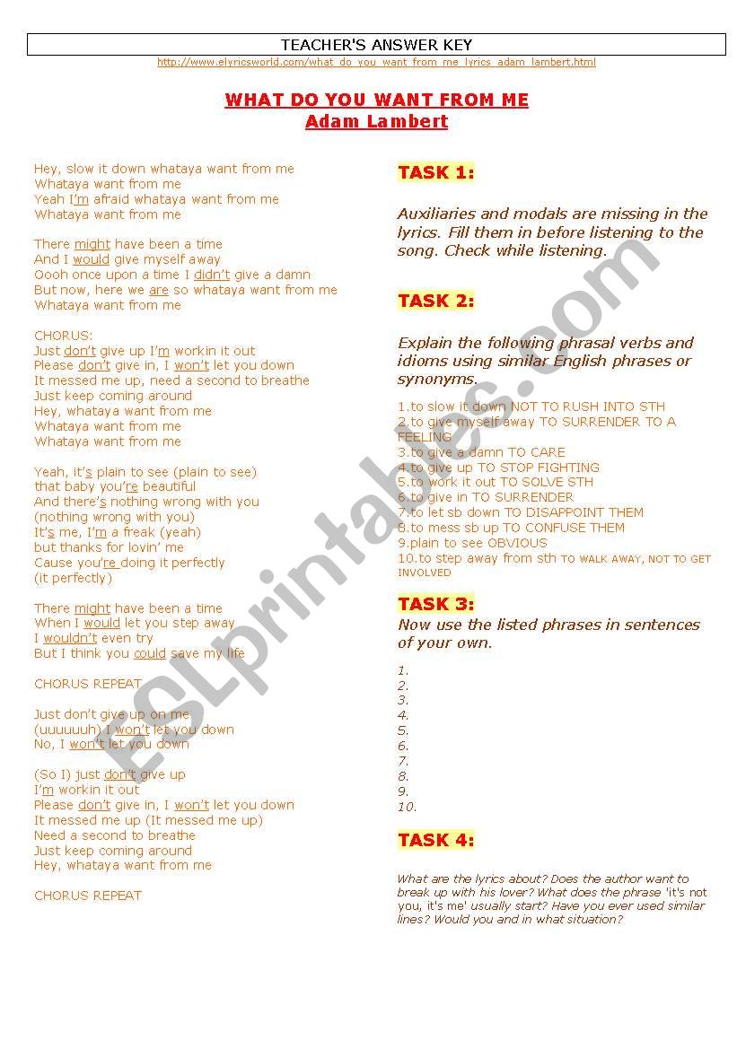 Adam Lambert The X Factor And 15mins Of Fame Ws With Lyrics And Additional Reading Esl Worksheet By Anitarobi