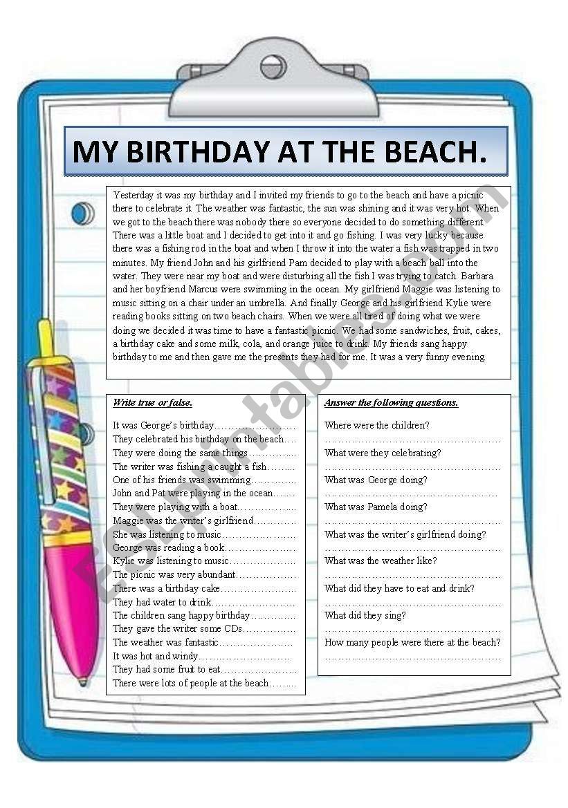 My birthday at the beach. Reading comprehension.