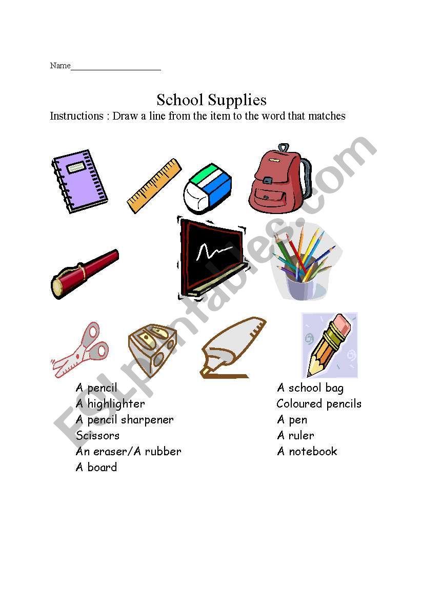 school supplies matching worksheet
