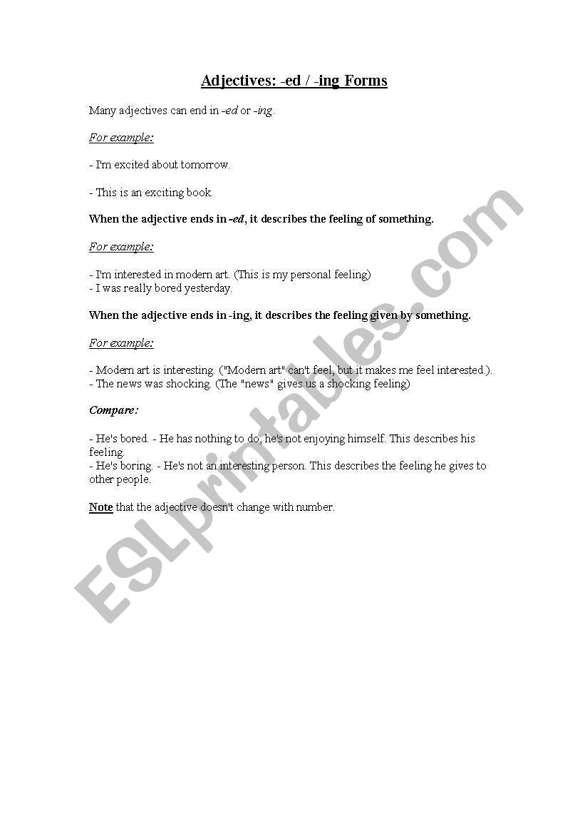 adjective endings ed ing worksheet