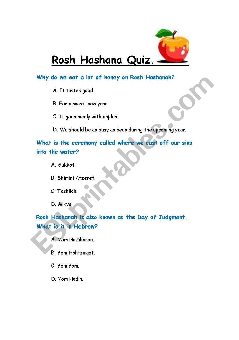 Rosh Hashana Quiz worksheet