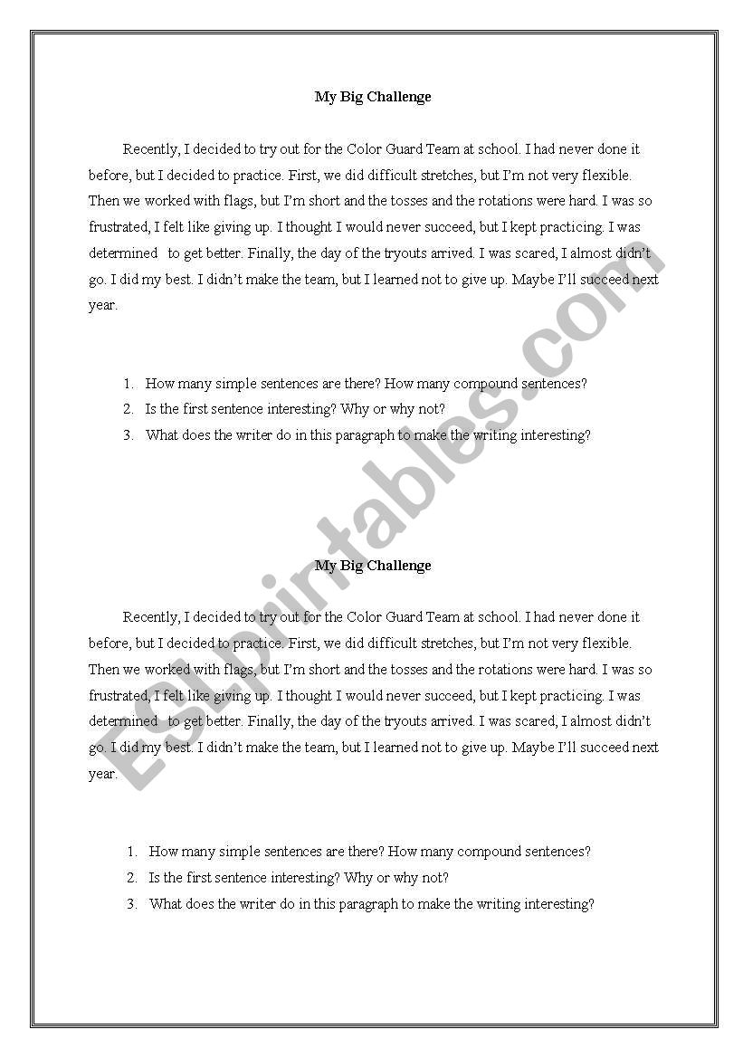 Personal Narrative worksheet