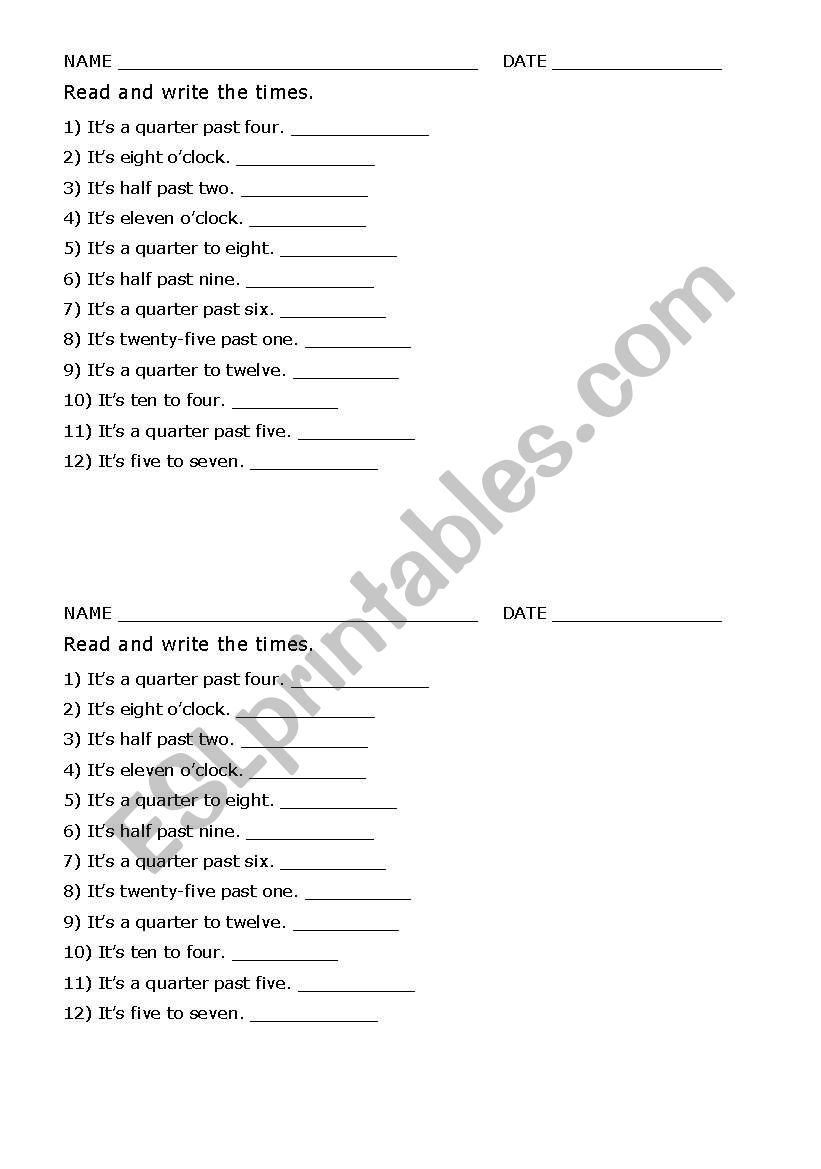 READ AND WRITE THE TIMES. worksheet