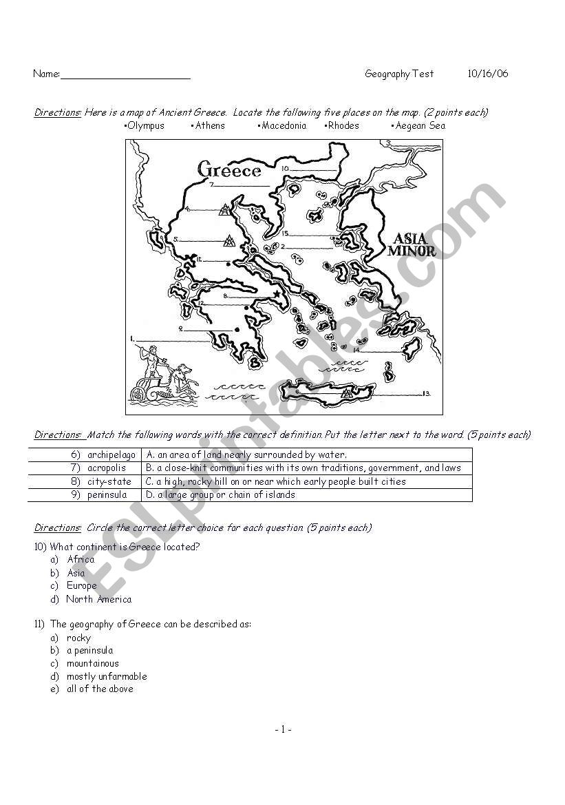 Ancient Greece Geography Test worksheet