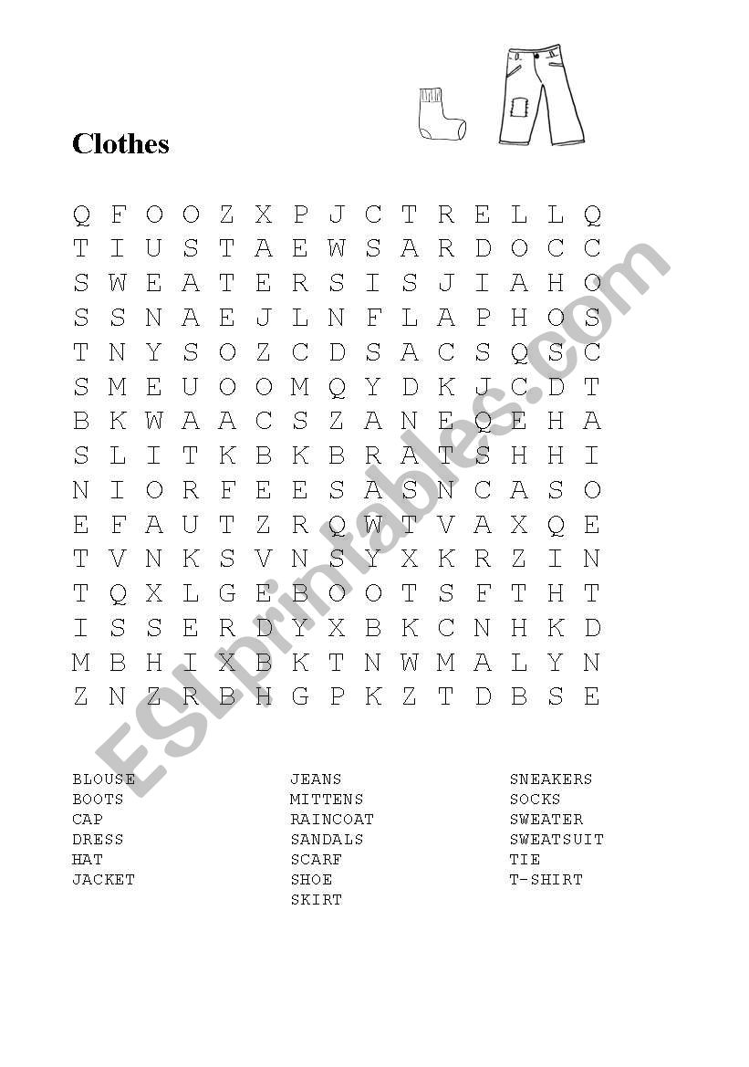 Wordsearch clothes worksheet