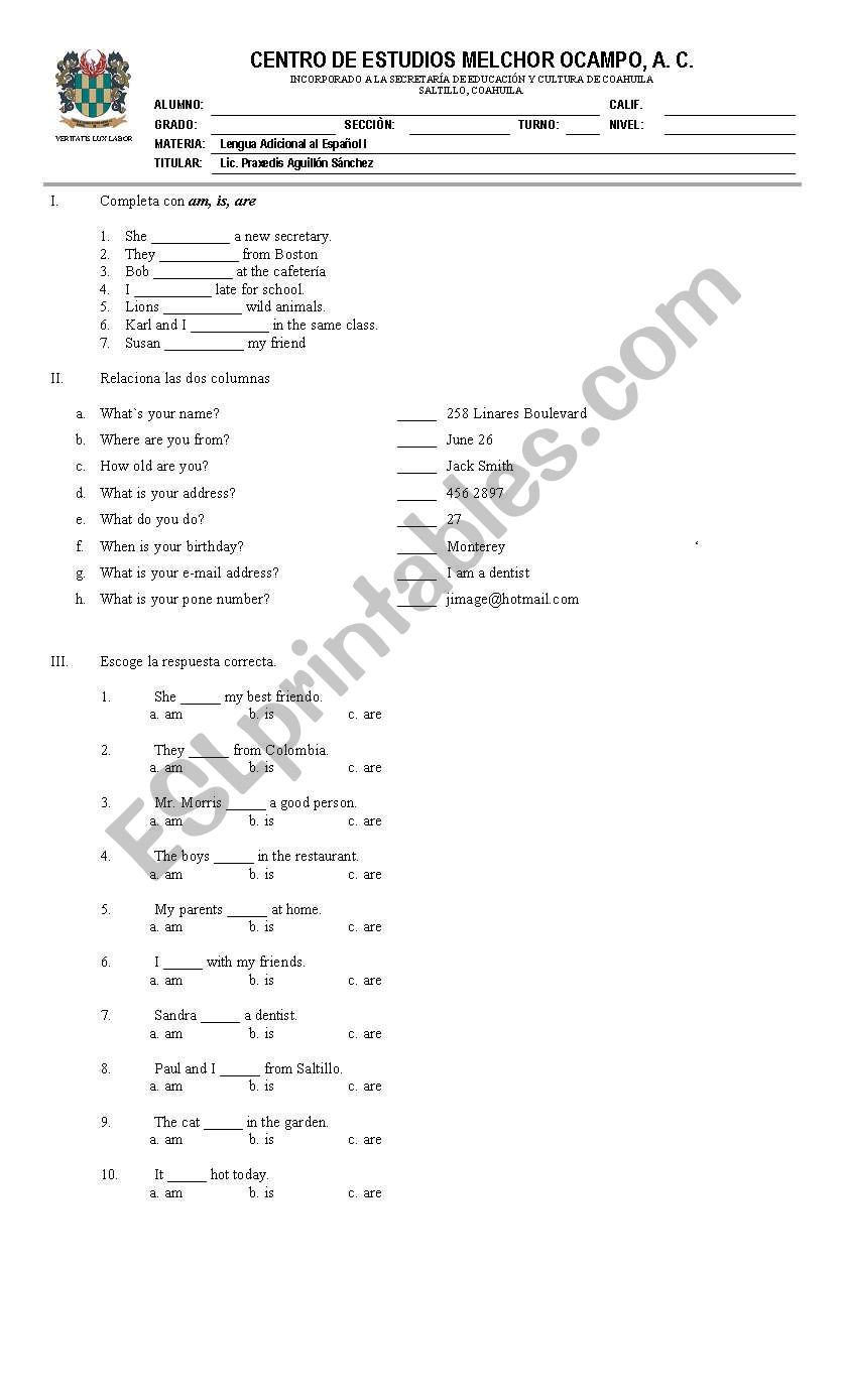 exam worksheet