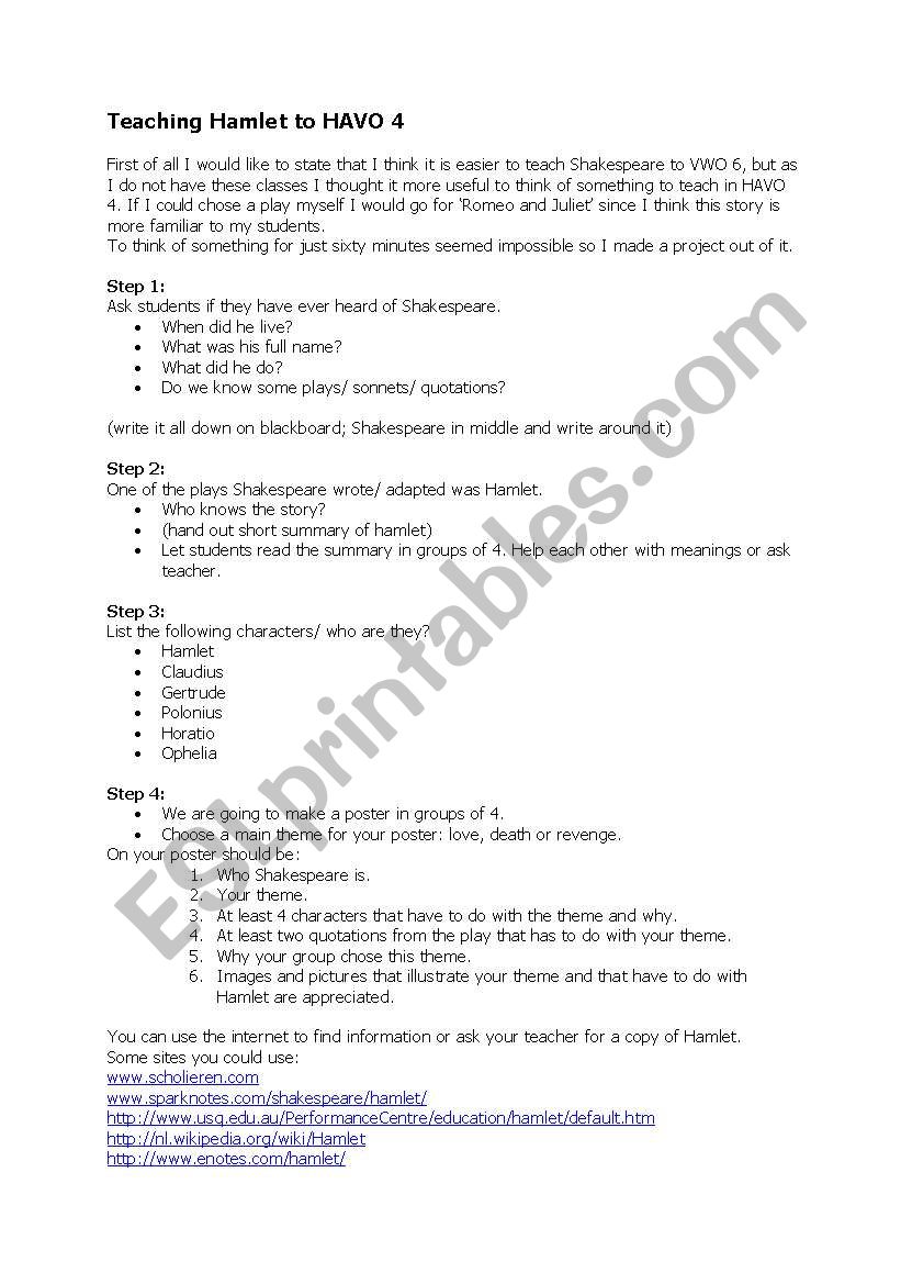 Hamlet - Poster Project worksheet