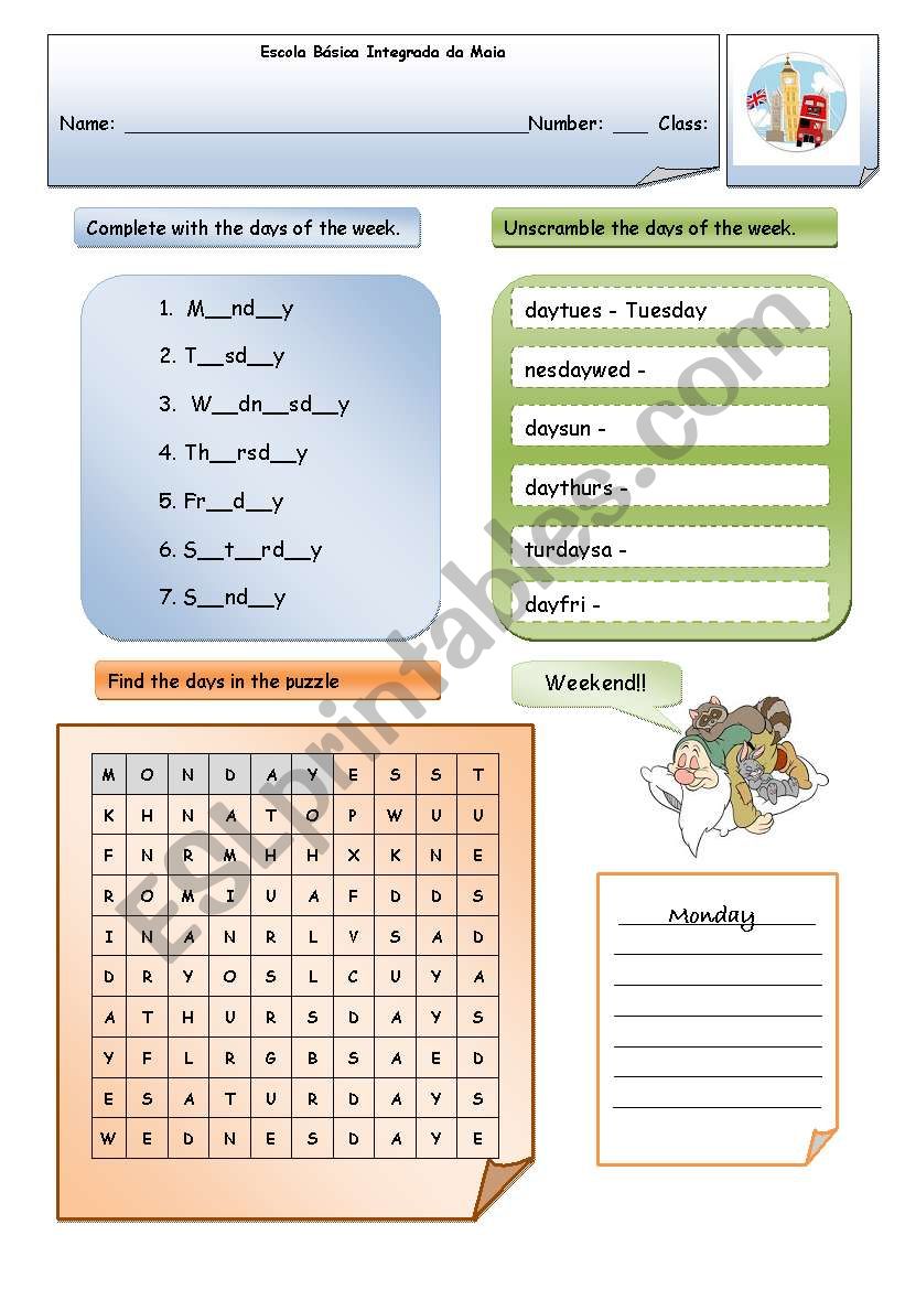 Days of the week worksheet