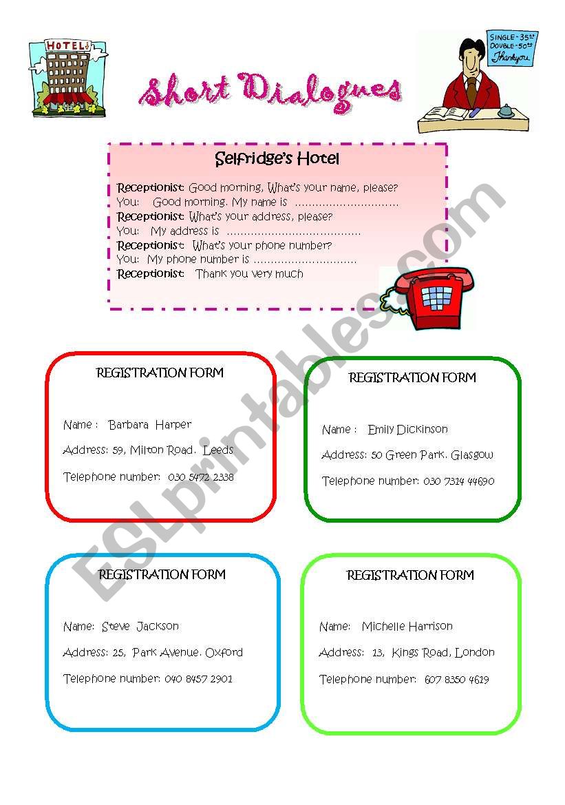 SHORT DIALOGUES:AT THE HOTEL worksheet