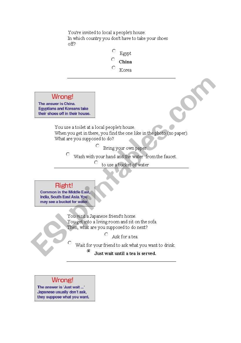quiz customs about the world! worksheet