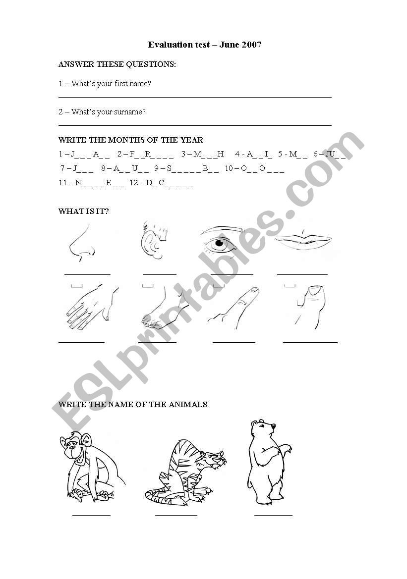 Worksheet about human body, animals, food and more