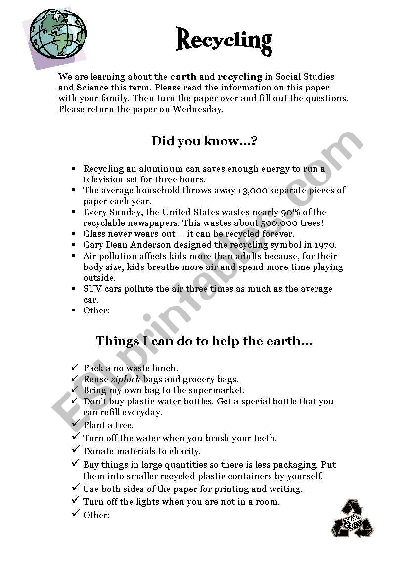 Recycle Facts worksheet