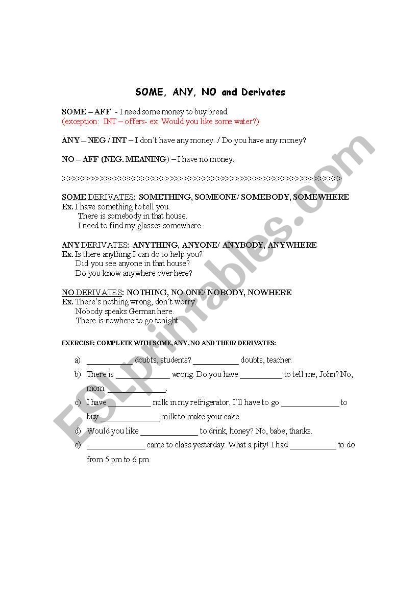 Some, any, no and derivantes worksheet