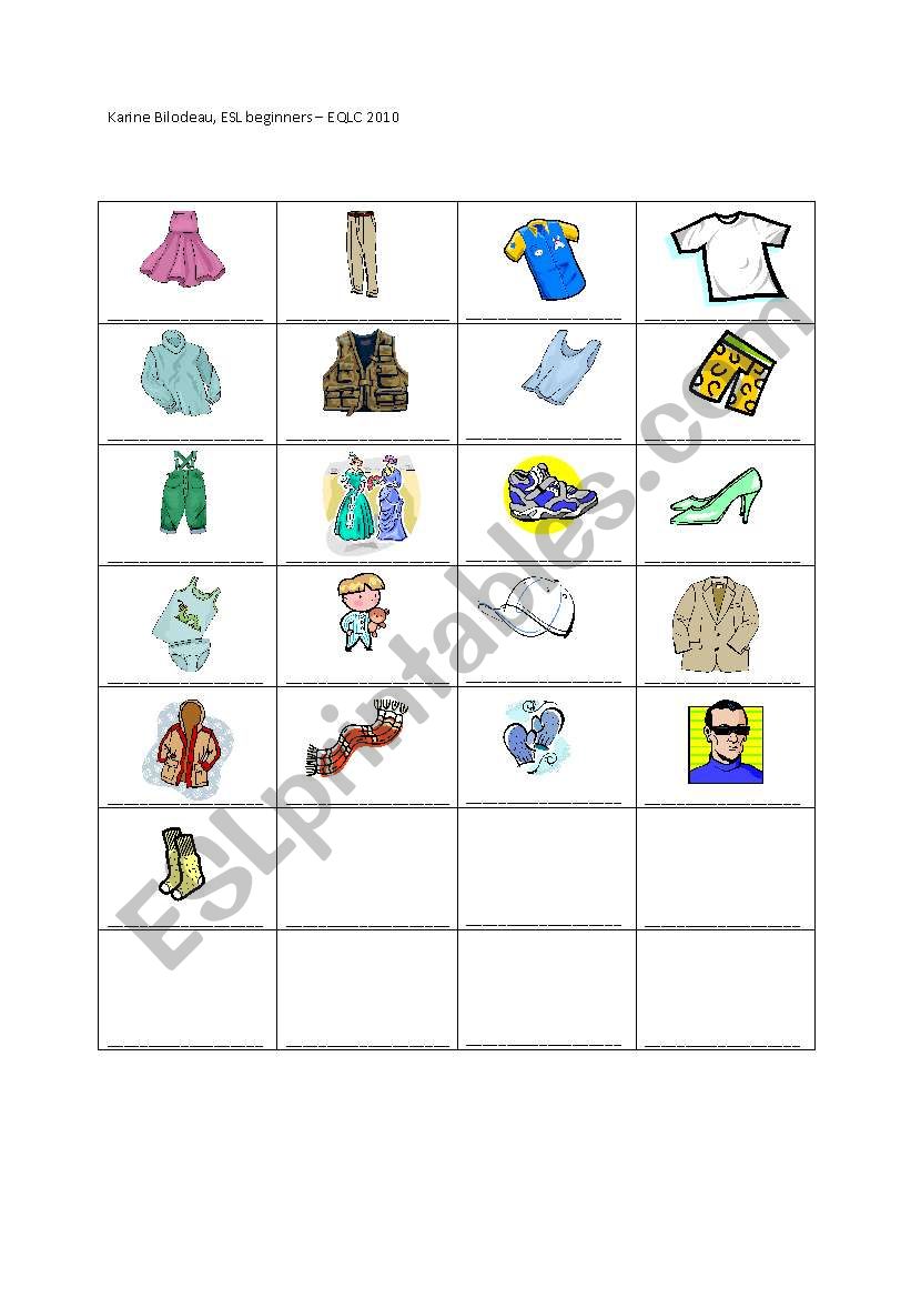 Vocabulary building grid - clothing