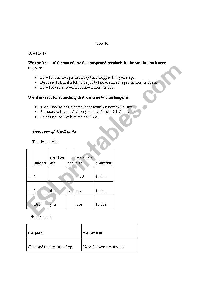 USED TO VRS BE USED TO worksheet