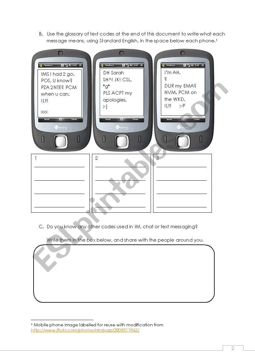 Text Messaging B & C worksheet