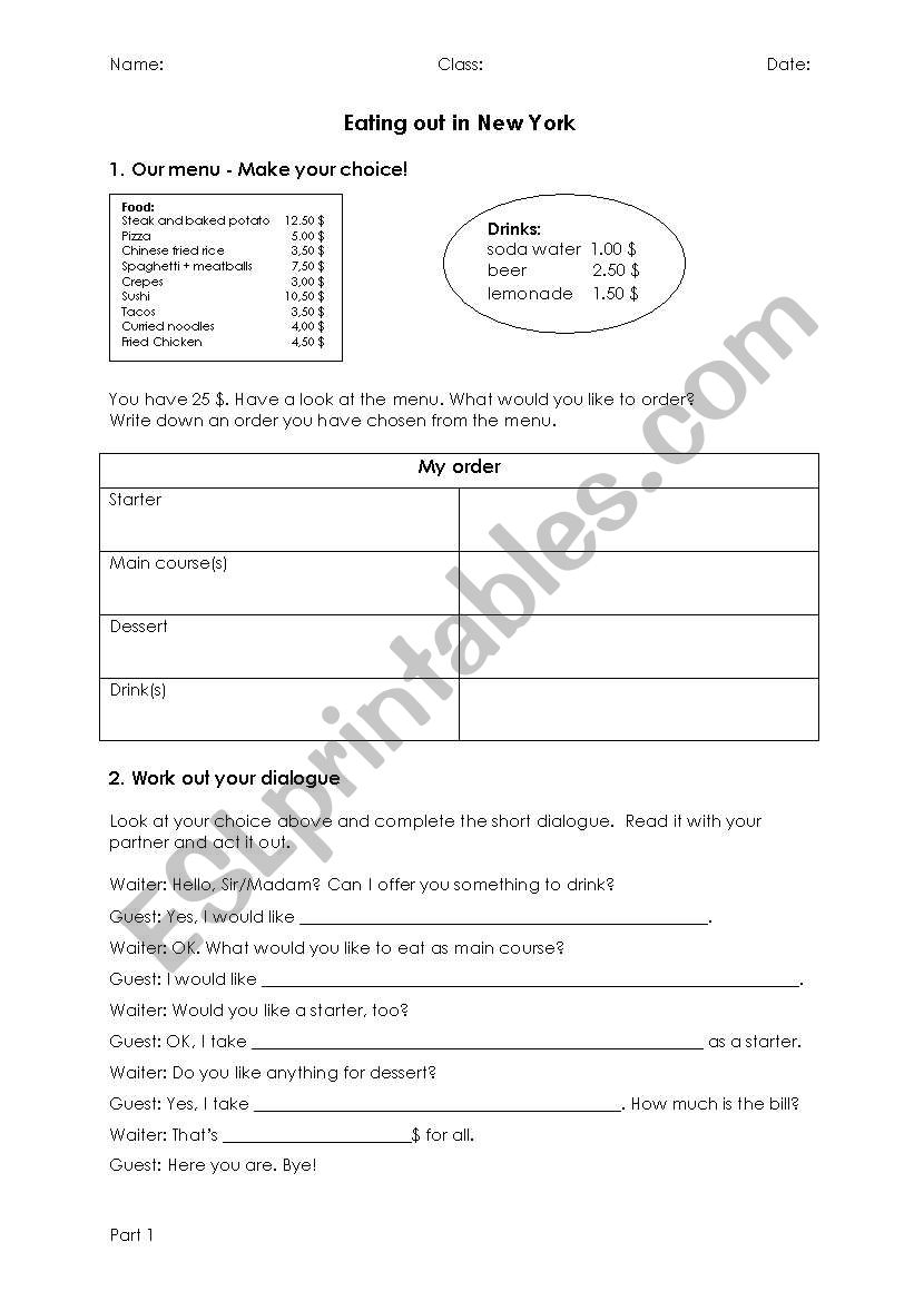 Eating out in New York worksheet