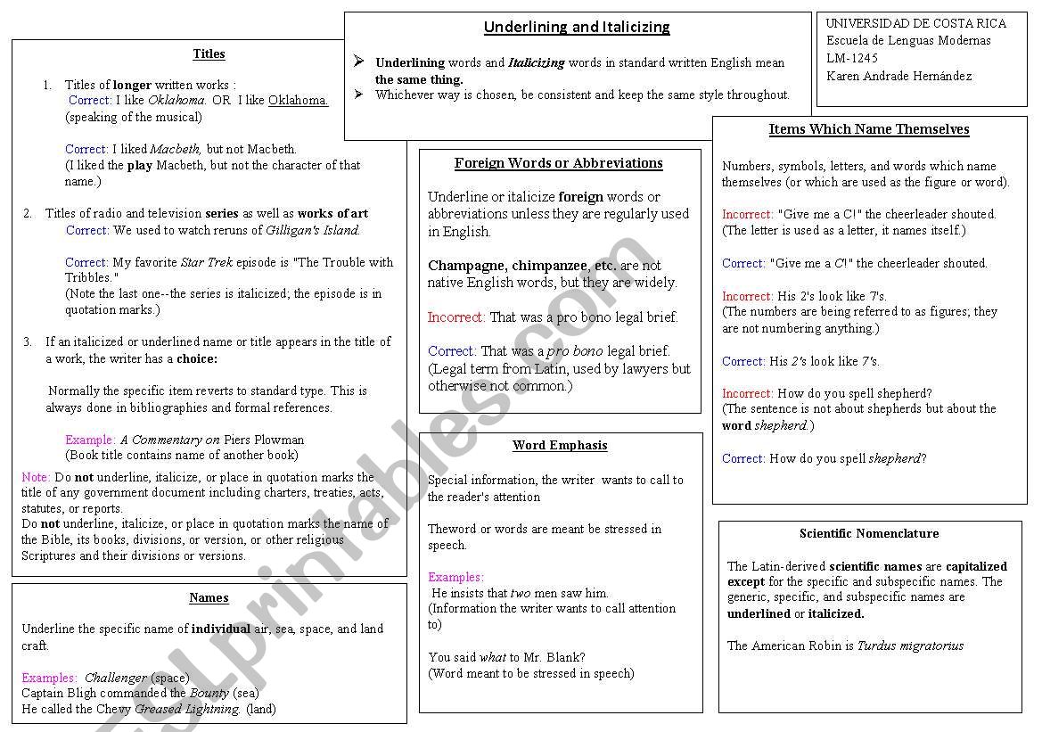 Underlining and Italicizing worksheet