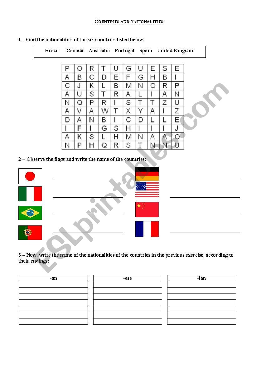 countries and nationalities worksheet