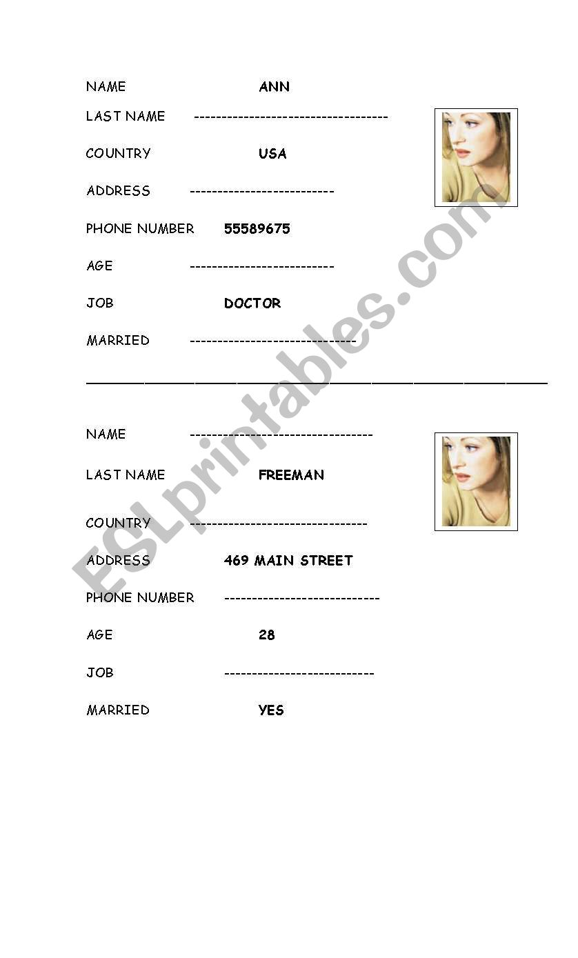 personal information worksheet