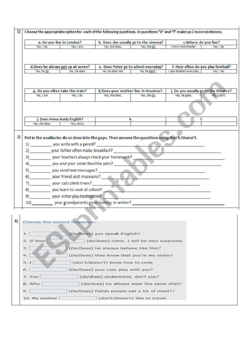 Does and do activity review worksheet