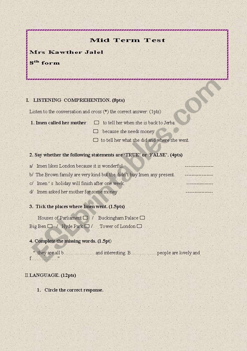 Mid term test 1 /8 th form worksheet