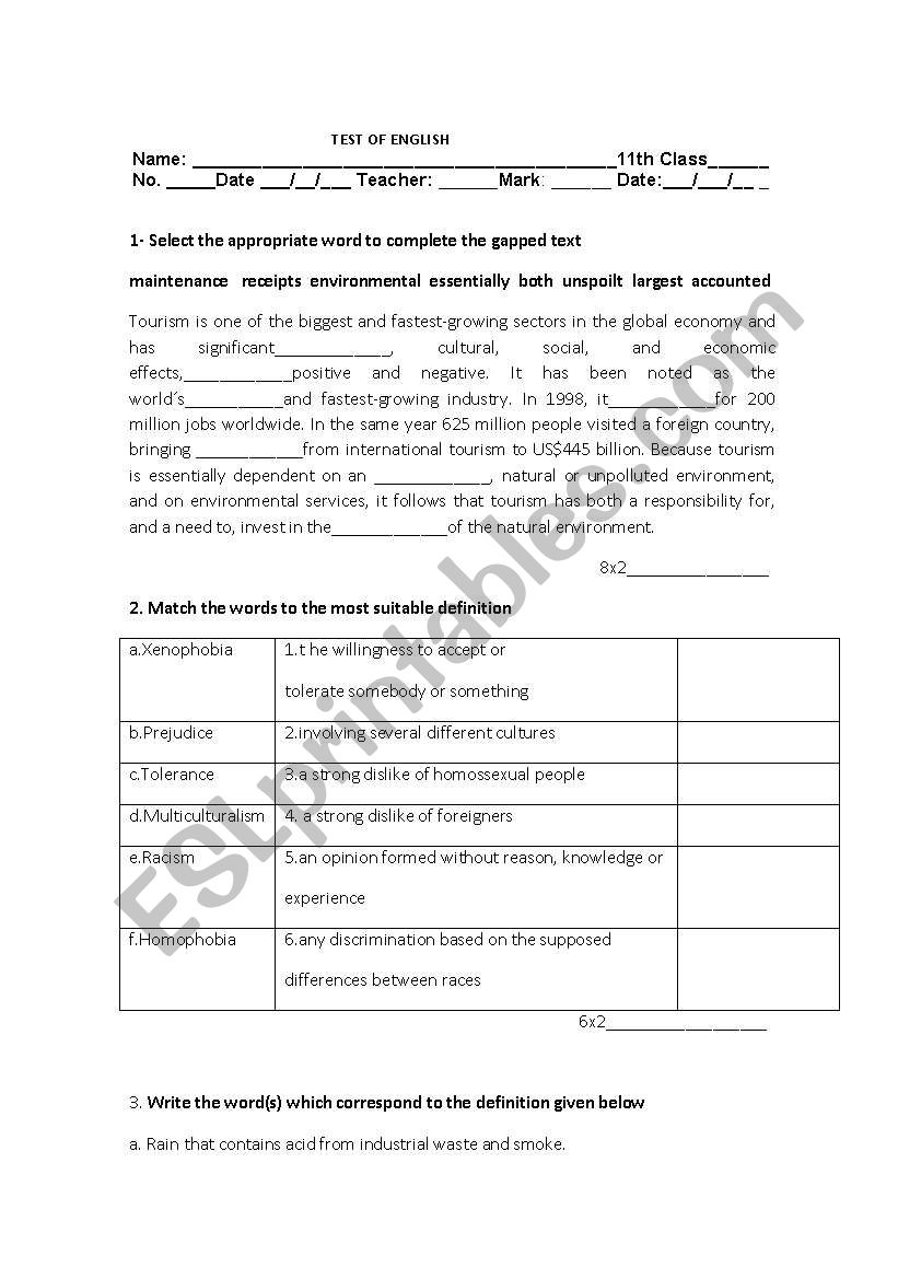test of English worksheet
