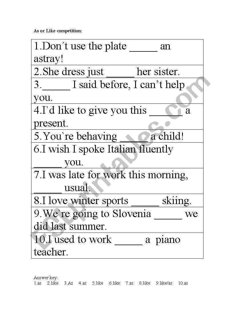 as and like  worksheet
