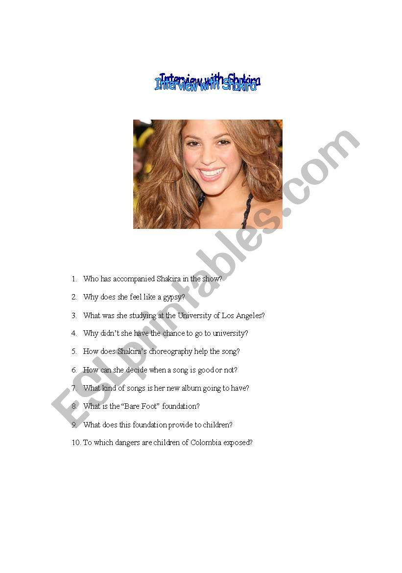 interview with Shakira worksheet